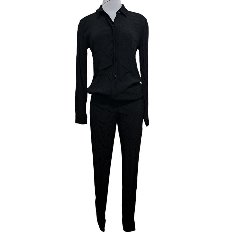 Monrow Crepe Long Sleeve Moto Boho Jumpsuit Small Black NWT